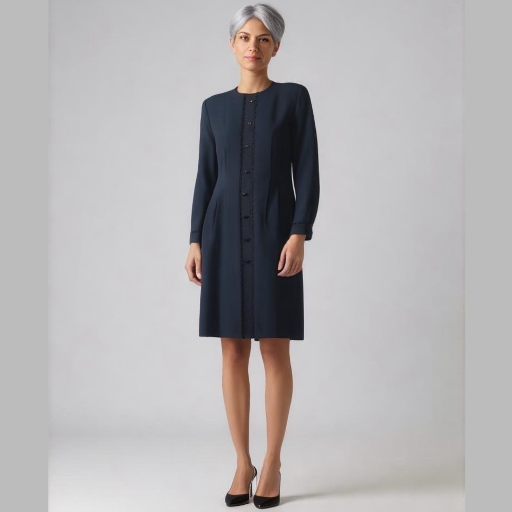 Debra Michaels Collection Black Crepe Midi Dress, Velvet Trim, Buttons, Size 8